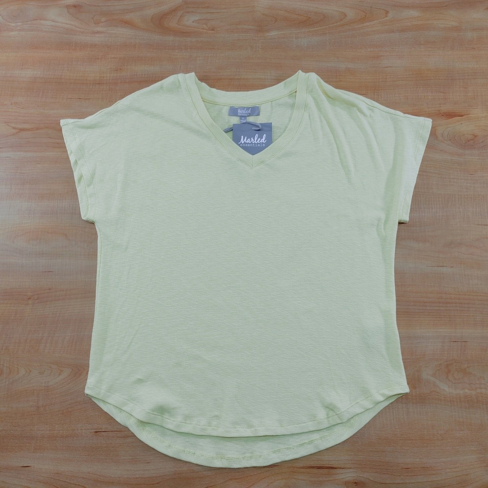 Marled knit V Neck T Shirt Top Women's Light Yellow Relaxed Fit Soft  Size M